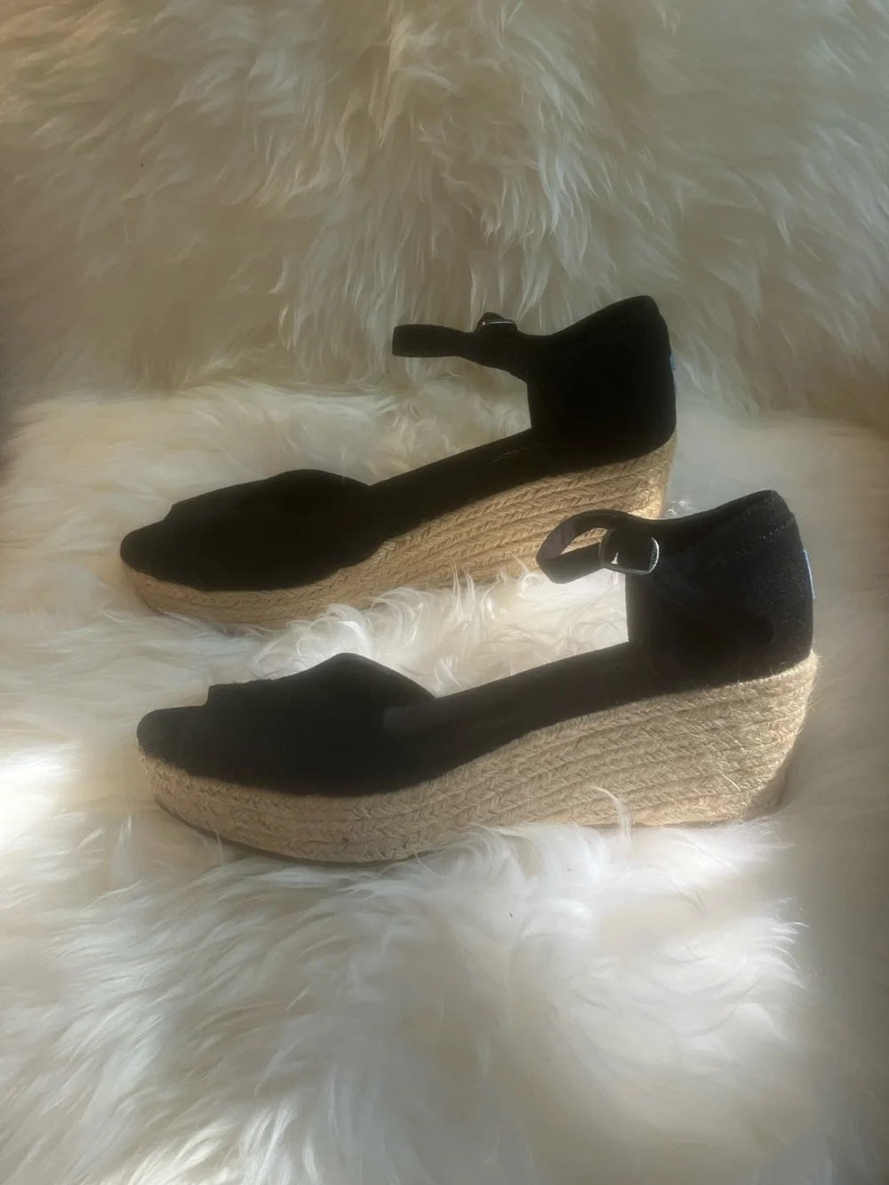 Toms Black Peep-Toe Ankle-Strap Wedge Sandals